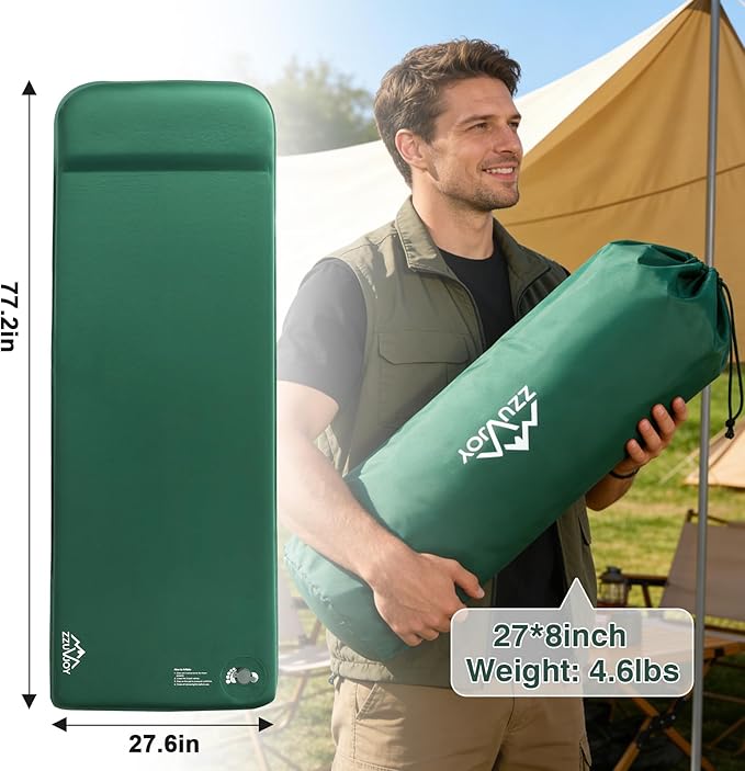 Self-Inflating Sleeping Pad with Foot Pump 3.1 Thick High-Density Foam Camping Mattress 4-Season Sleeping Mat with Built-in Pillow &amp R-Value 9.5 Camping Essentials for Tent Travel Car