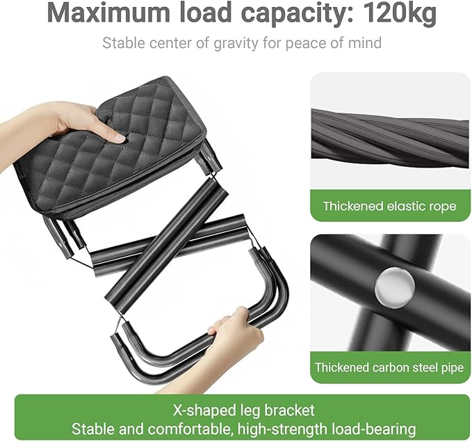 11.8 Foldable Backpack Stool Carbon Steel Collapsible Portable Pocket Chair Thickened Folding Camp Stool 350lbs for Adults Hiking Purse Stools Black