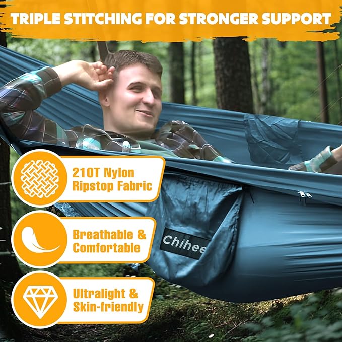 Chihee Ultra-Light Travel Camping Hammock Pop-up Net Hammock 660lbs Load CapacityBreathableQuick-Drying Parachute Nylon 2 Premium Carabiners2 Tree Slings Included for Outdoor Backpacking Hiking
