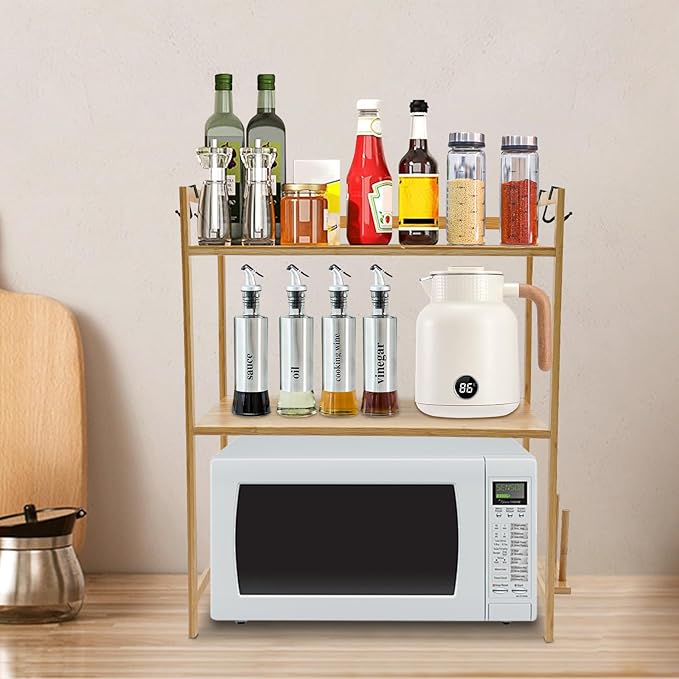 2 Tier Bamboo Kitchen Countertop Microwave Shelf with 4 HooksAdjustable Spice RackKitchen Counter Storage ShelfWood Color