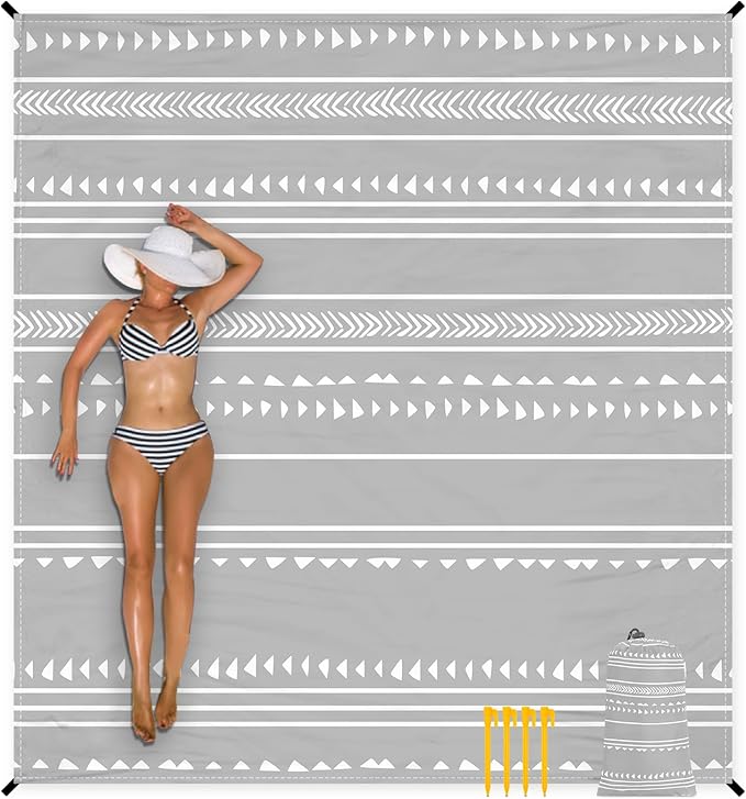 Extra Large 110''×118'' Beach Blanket for 8 Adults Outdoor Beach Mat Sand Free Waterproof with 4 Stakes &amp 4 Corner Pockets Polyester Lightweight Foldable Grey Picnic Mat for Travel Camping Hik
