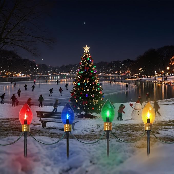 Jumbo Christmas Pathway Lights Outdoor 7FT 4Pcs Multicolor LED Connectable Plug in Walkway Lights for Driveway Yard Fence Decor Green Wire Waterproof &amp UL Listed
