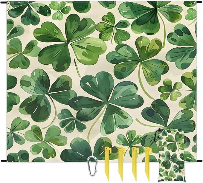 Waterproof Sandproof Beach Blanket 59''×68'' Four-Leaf Clover Polyester Outdoor Picnic Blanket with 4 Stakes &amp Storage Bag for BeachCampingVacation Greener
