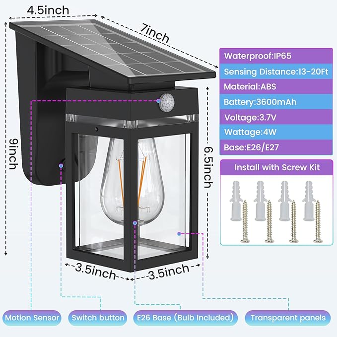 RGB Solar Wall Lights Outdoor Dusk to Dawn &amp Motion Sensor Porch Light with Lantern Shape 10 Modes (RGB Cycle/Fixed) IP65 Waterproof E26 Bulb Exterior Sconce for Front Porch Garage Patio