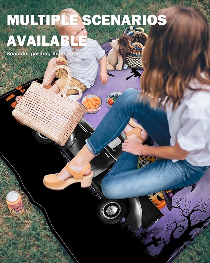 Beach Blanket Waterproof Sandproof OversizedHalloween Farm Truck Pumpkin Ghost Skull Crow Beach Mat with Corner Stakes Sand PocketsHaunted Castle Purple Fog Outdoor Picnic Mat for Travel83x79In