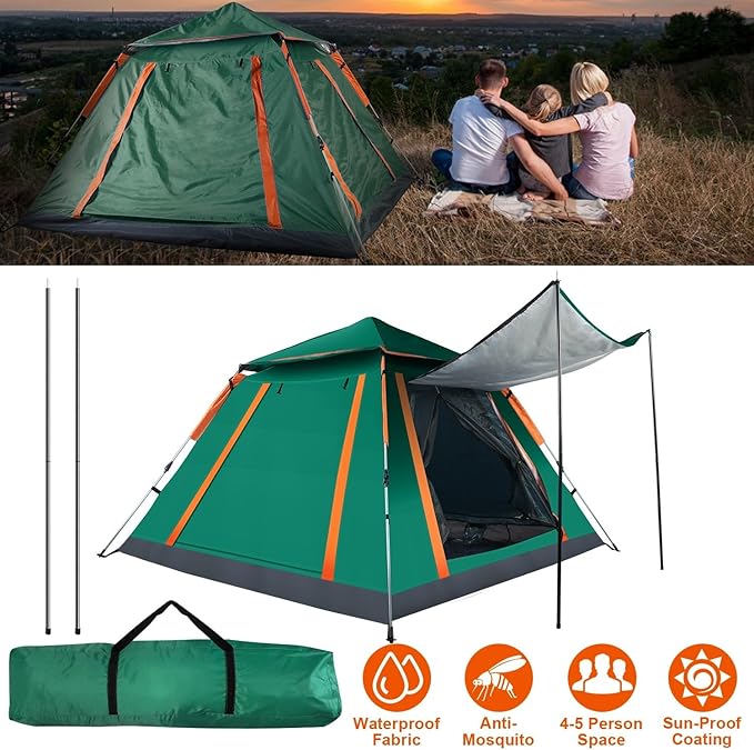 JHshop 4-5 Person Camping Instant Pop Up Tent 2/4/5Person Easy Setup for Camping Hiking and Outdoor Portable Beach Tent - Beach Tent Sun Shelter Outdoor Tent - Green