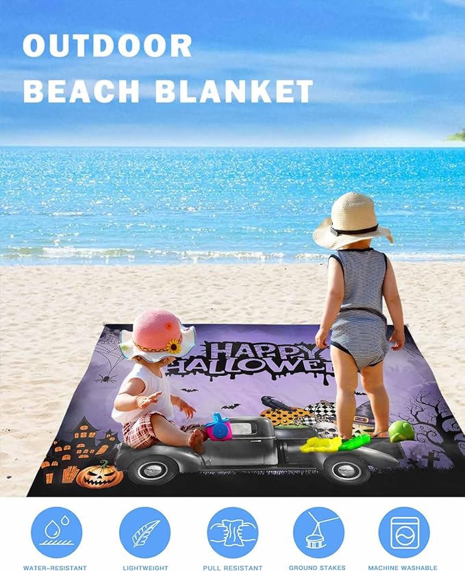 Beach Blanket Waterproof Sandproof OversizedHalloween Farm Truck Pumpkin Ghost Skull Crow Beach Mat with Corner Stakes Sand PocketsHaunted Castle Purple Fog Outdoor Picnic Mat for Travel83x79In