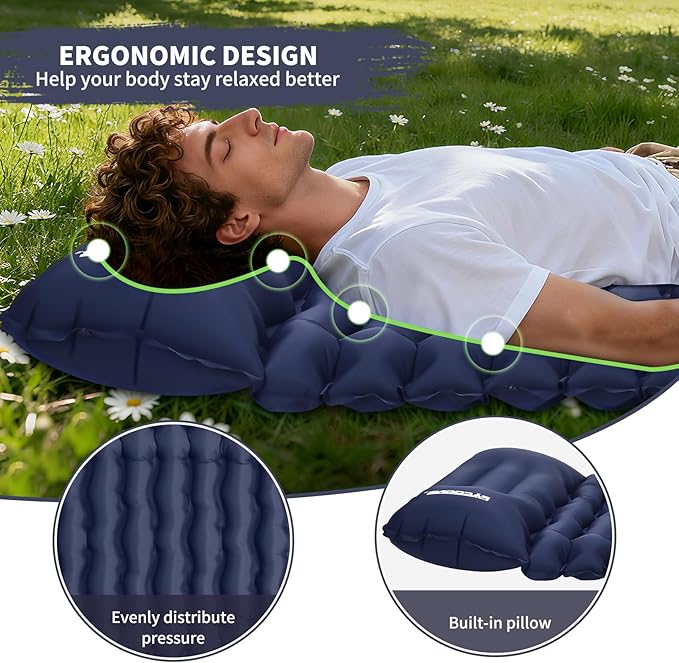 Camping Sleeping Pad Connectable Design for Double Mat Ultralight Inflatable Sleeping Mat with Pillow Built-in Foot Pump Portable Camping Air Mattress for Backpacking Hiking Tent (Navy)