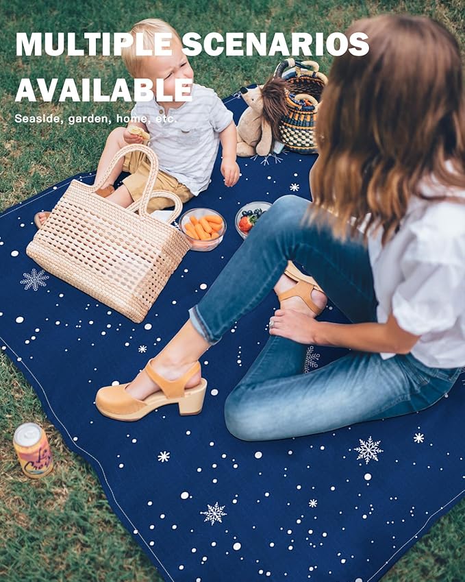 Beach Blanket Waterproof Sandproof OversizedMerry Christmas Winter Snowflakes Seamless Beach Mat with Corner Stakes Sand PocketsWhite Snowflake Blue Back Outdoor Picnic Mat for Travel 83x79In