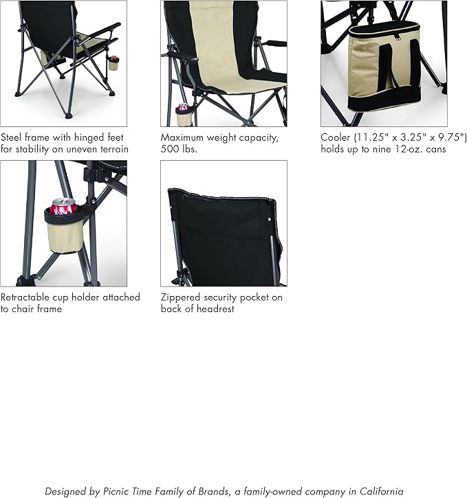 PICNIC TIME Big Bear XXL Folding Camping Chair with Insulated Cooler Oversized Portable Lawn Beach &amp Camp Chair with Cup Holder Storage Pocket Carry Bag 500 lb Capacity (Black)