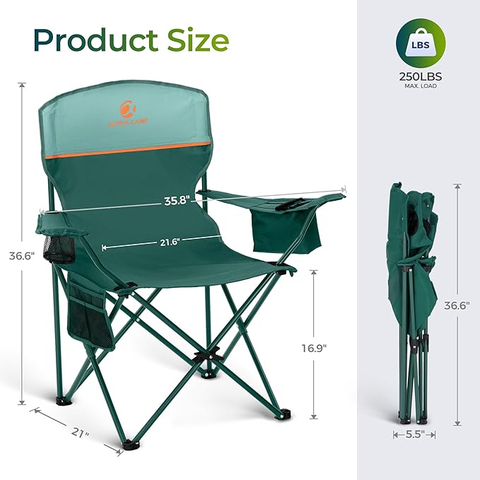 ALPHA CAMP Folding Camping Chairs for Adults Lawn Chairs Outdoor Chairs Support 250 LBS Portable Camp Chairs with Cup Holders Cooler Pouch for Outdoor 2 Pack