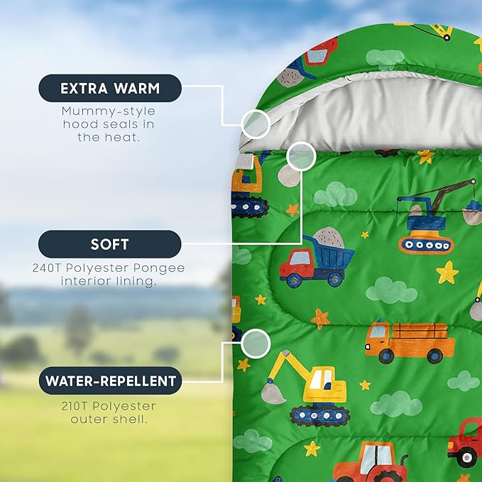 Wake In Cloud - Construction Car Kids Sleeping Bag for Boys Toddlers Camping in Warm Cold Weather Backpacking Lightweight Compact Outdoor Liner for 3 Seasons Summer Spring Fall