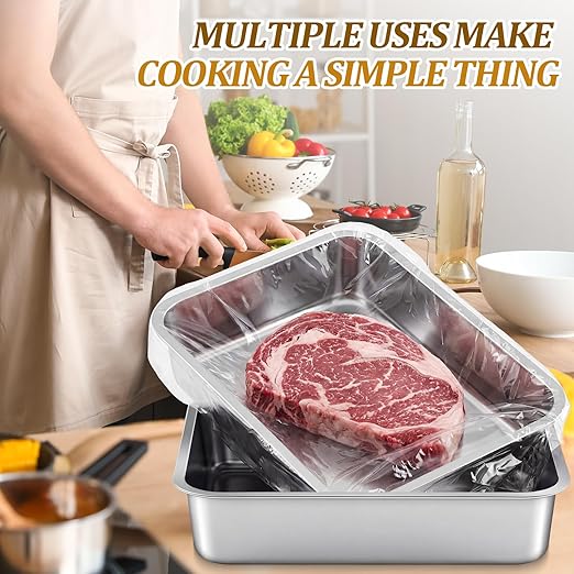 2 Pack 13 L Stainless Steel Commercial Bus Tubs and 50 Pack Plastic Meat Lug Liners Food Grade Meat Processing Tubs Lug for Dishwashing Kitchen Restaurant Utility