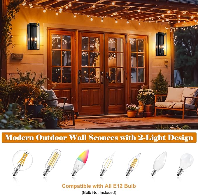 Black Motion Sensor Outdoor Lights 2-Light 16” Modern Dusk to Dawn Sensor Lights for Outside 2 Pack Exterior Wall Mount Porch Lanterns Waterproof Outside House Lamps for Garage Yard E12
