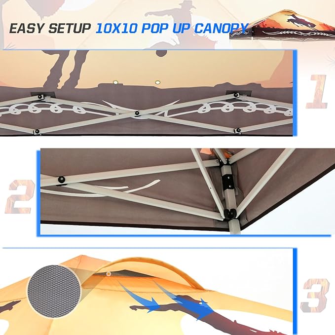 EAGLE PEAK Pop Up Canopy Tent with Wheeled Carry Bag 8 Stakes 4 Ropes 4 Weight Bags Easy Set Up Tent Canopy 10x10 ft 100sqft of Shade Cowboy
