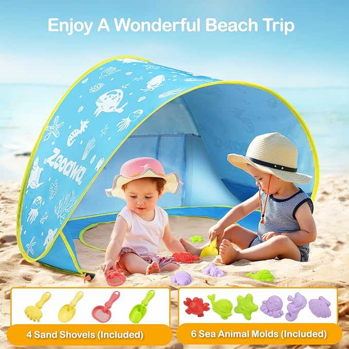 Zooawa Baby Beach Tent Pop Up Beach Tent Sun Shade for Beach Portable Shade Pool UV Protection Sun Shelter for Infant with Beach Sand Toys Set