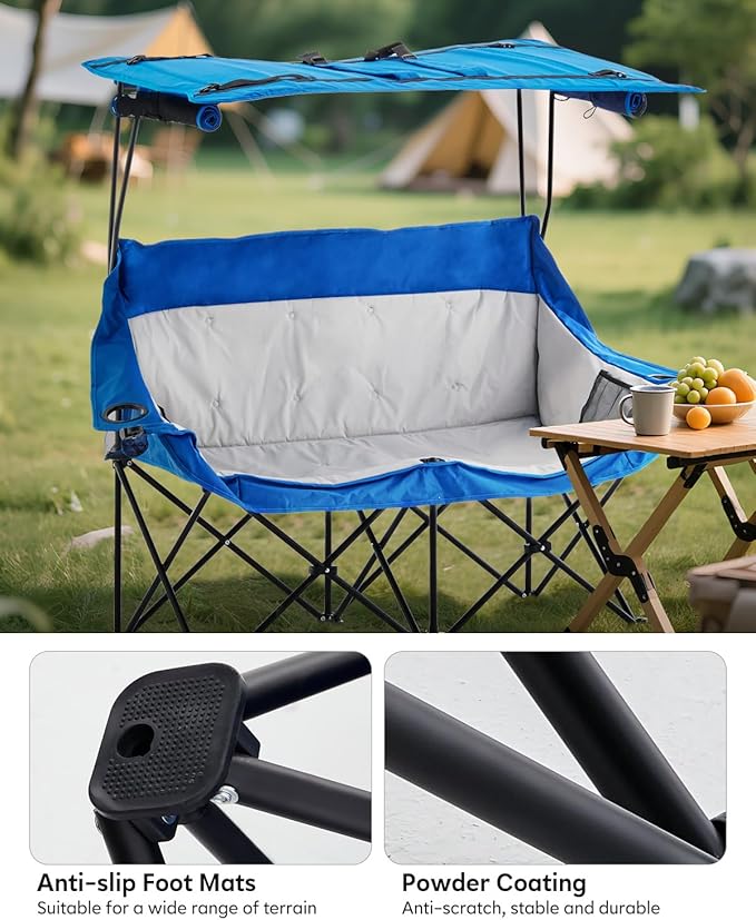 CLIPOP Double Camping Chair with Canopy Portable Outdoor Folding Chair with Cup Holders Side Pocket Oversized Beach Chair with Canopy Shade for Lawn Patio Hiking Blue
