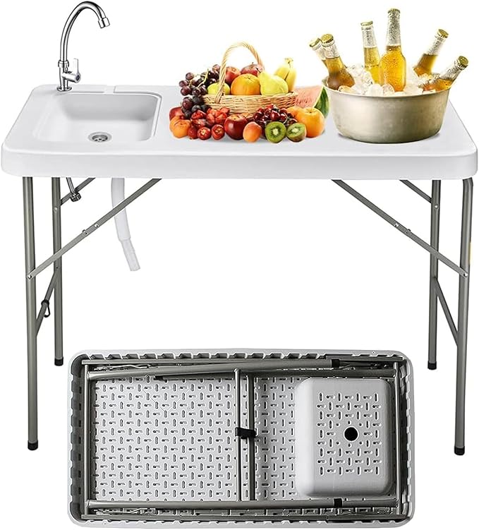 4FT Fish Cleaning Table with Sink 47'' Folding Portable Camping Outdoor Fillet Station with Detachable Faucet Drainage Hose for Picnic Camping Kitchen Gardening White