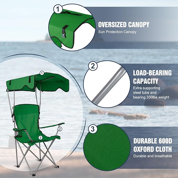 Camping Chair with Canopy Portable Outdoor Folding Beach Chairs with Cup Holder 330LBS Load Lawn Chair for Outside Fishing Beach Picnic (Green)
