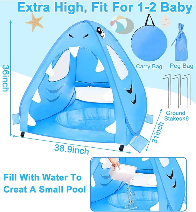 [ Extra High ] Shark Baby Beach Tent with Pool Pop Up Kiddie Pool Tents Baby Beach Essentials UPF 50+ UV Protection 4 Sand Pockets 3 Mesh Windows Sun Beach Shade Tent for Toddler Aged 3-60 Months