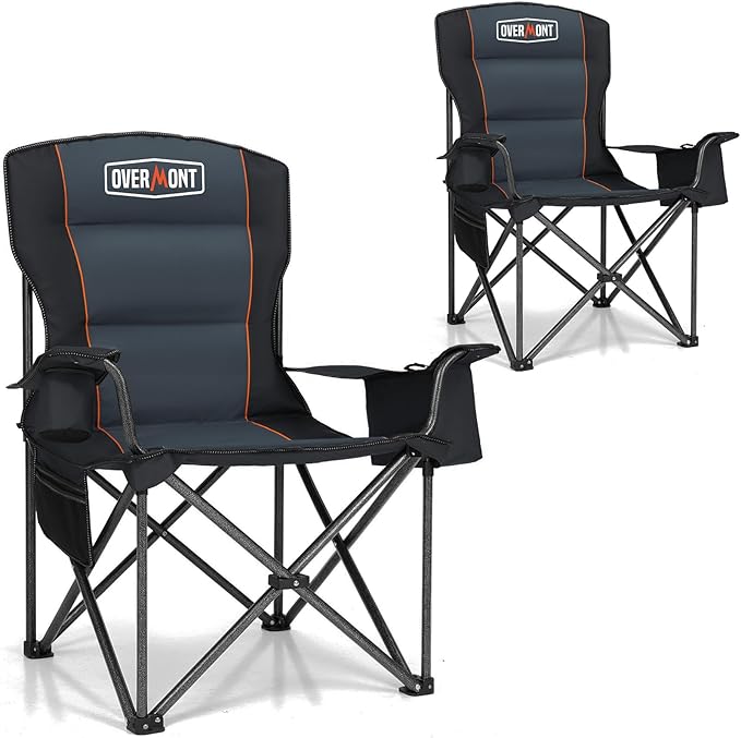 Overmont Oversized Folding Camping Chair - 450lbs Support with Padded Cushion Cooler Pockets - Heavy Duty Collapsible Chairs for Sports Garden Beach Fishing