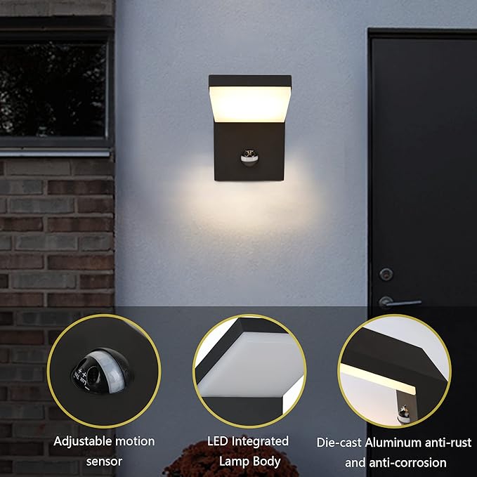 2 Pack Outdoor Motion Sensor Wall Sconce Light LED Modern Exterior Porch Light Fixture IP54 Waterproof for House Garage Patio Decoration1800LM