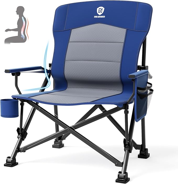 EVER ADVANCED Oversized Folding Camping Chair for Adults with Adjustable Lumbar Support Heavy Duty Chair with Side Pockets Portable Collapsible Quad Chair for Outside