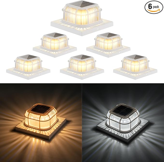 Solar Post Light 6 Packs with 4x4 5x5 and 6x6 Inches Base for Vinyl/Wooden Posts Bright 16 LEDs Solar Cap Lights with Two Light Modes for Decorating Deck Patio Porch Fence (White)