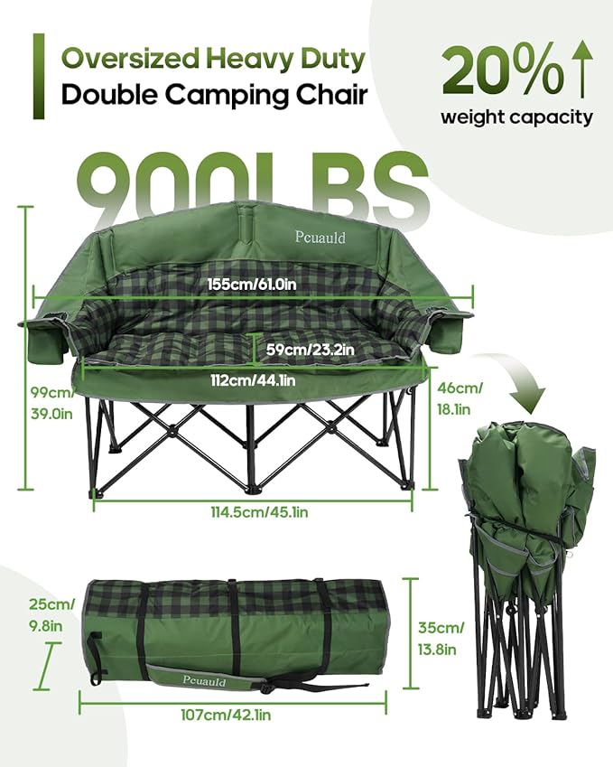 Double Camping Chair Padded Loveseat for Adults Oversized 2 Person Camp Couch with 2 in 1 Carry Bag Heavy Duty Folding Outdoor Sofa with Cup Holders for Lawn Beach Tailgating Green