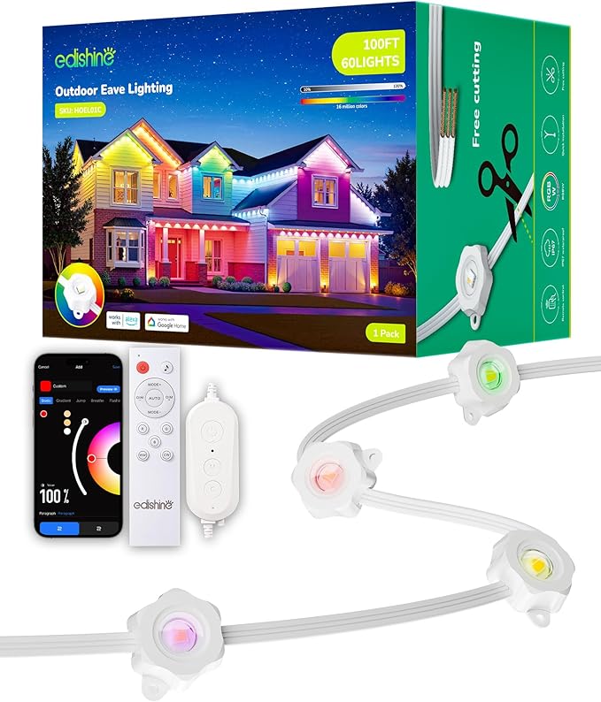 EDISHINE Cuttable Permanent Outdoor Lights PRO 100FT 60 LED RGB+IC+Warm White Eave Light 111+ Scene Mode Smart APP/Voice &amp Remote IP67 for House New Year Decor Compatible with Alexa Google