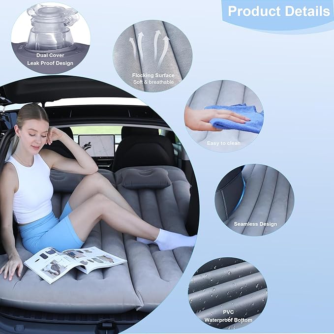 Car Air Mattress - Camping Bed Inflatable Airmattress for Tesla Model Y Backseat Trunk 6.4FT Foldable Pad Portable Car Air Bed Sleeping Mat for SUV RV VAN Truck Travel Tent Road Trip Home (Grey)