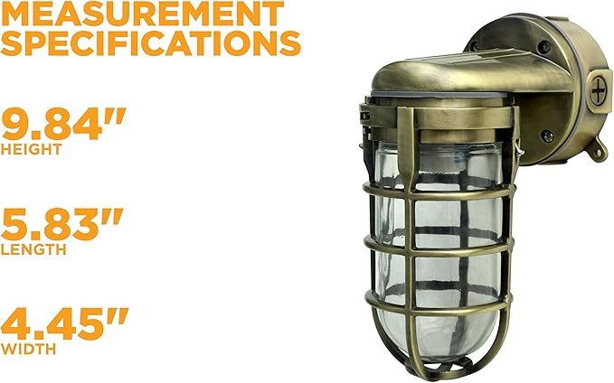 Woods L1707SVAB Traditional 100W Incandescent Weather Industrial Light Suitable for Indoor and Outdoor Use Wall Mount Metal Die Cast Construction and Tempered Glass Lens Antique Brass