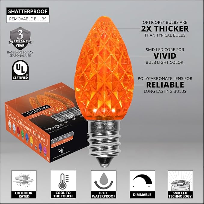 Wintergreen Lighting 50 ft C7 Orange OptiCore Commercial Christmas Lights LED Halloween Holiday Party on Heavy Duty Green Wire (50 ft Amber/Orange)