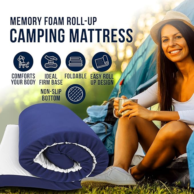 Foamma 3 x 54 x 75 Memory Foam Roll-Up Camping Mattress with Water Resistant Zipper Cover Foldable and Portable for Camping RV Bunk Tent Guest Bed Outdoor and Dorm CertiPUR-US Certified Foam