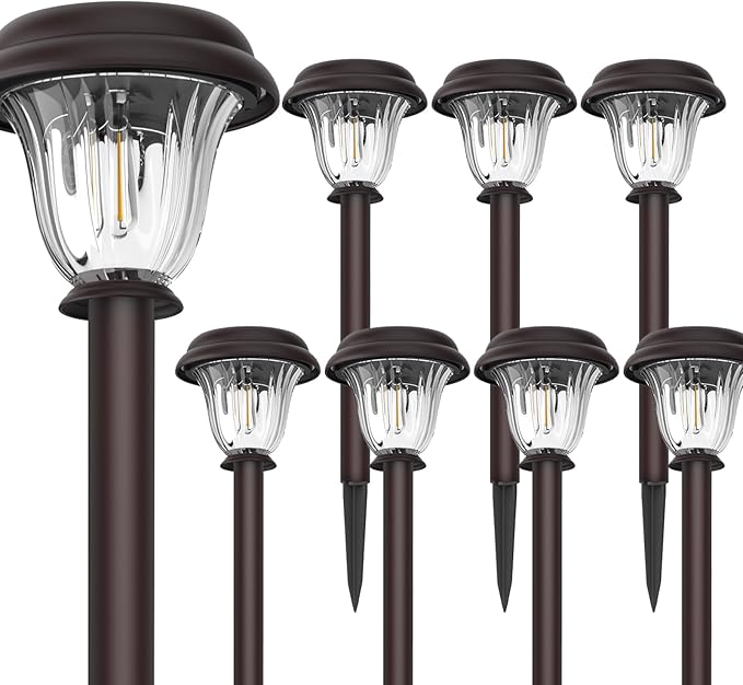 DERAYSION 8 Pack Solar Lights Outdoor Stainless Steel Glass Solar Pathway Lights Auto On/Off Long-Lasting Waterproof Landscape Lighting for Garden Landscape Path Yard Warkway (Warm White)