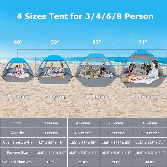 Venustas Beach Tent Sun Shelter for 3/4-5/6-7/8-10 Person UPF 50+ UV Protection Beach Canopy Lightweight and Easy Setup Cabana Portable Shade Tent