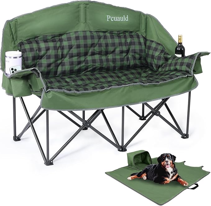 Double Camping Chair Padded Loveseat for Adults Oversized 2 Person Camp Couch with 2 in 1 Carry Bag Heavy Duty Folding Outdoor Sofa with Cup Holders for Lawn Beach Tailgating Green