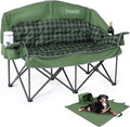 Double Camping Chair Padded Loveseat for Adults Oversized 2 Person Camp Couch with 2 in 1 Carry Bag Heavy Duty Folding Outdoor Sofa with Cup Holders for Lawn Beach Tailgating Green