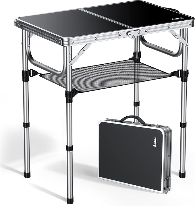 Anbte 2ft Folding Camping Table with Storage Net 3 Adjustable Heights Small Folding Table Portable &amp Lightweight with Carry Handle for Camping Fishing Picnic Beach Outdoor 22.8x 15.7 Silver