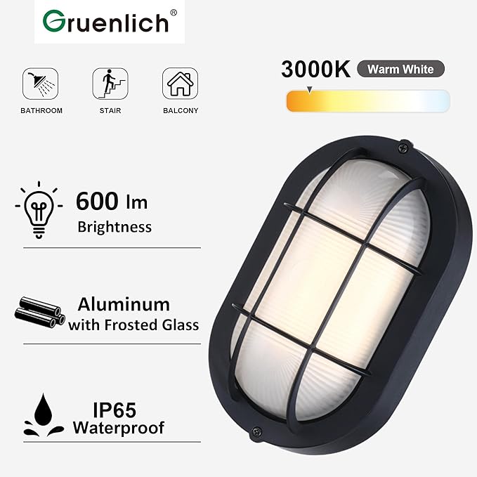 GRUENLICH 8.5'' Oval Outdoor Wall Lights Dimmable LED Bulkhead Light Sauna &amp Exterior Lighting ETL Rated 6W 600 Lumen 3000K Warm White Black Cast Aluminum Wall/Ceiling Mount 2-Pack
