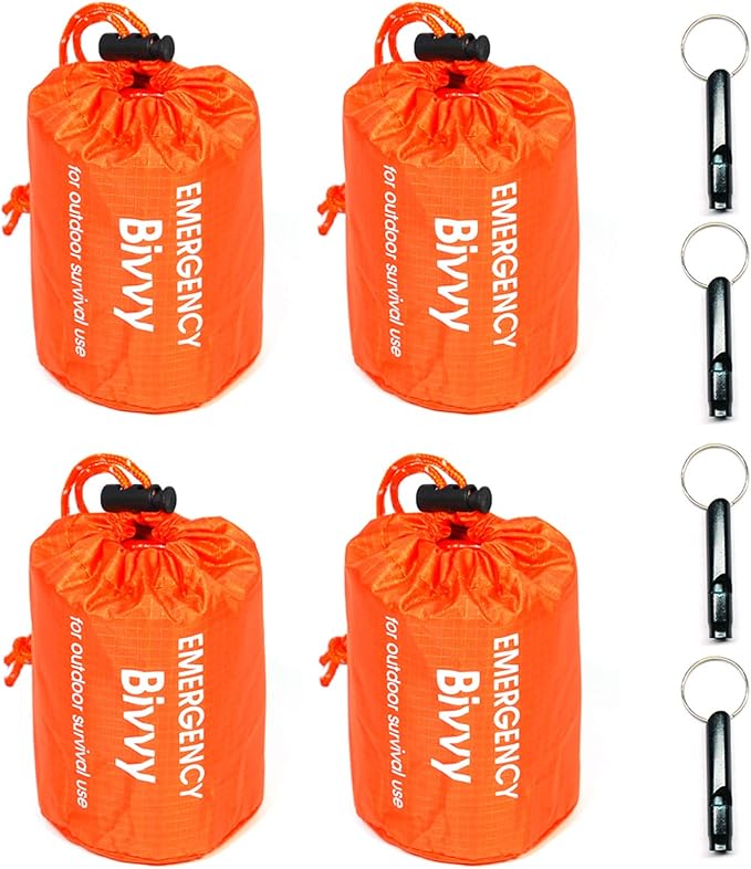 4 Pack Emergency Bag Survival Bivvy Sack with Whistles Lightweight Portable Emergency Supplies for Outdoor Camping Hiking Keep Warm After Earthquakes Hurricanes Disasters