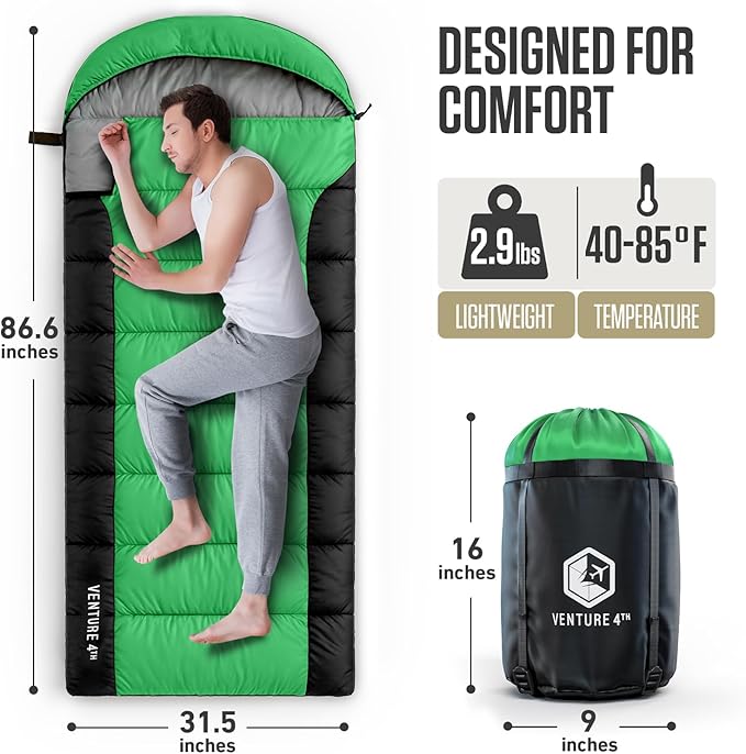 VENTURE 4TH Backpacking Sleeping Bag – XXL Double and Single Sizes - Lightweight Warm &amp Cold Weather Sleeping Bags for Adults Kids &amp Couples – Ideal for Hiking Camping &amp Outdoor Adventu