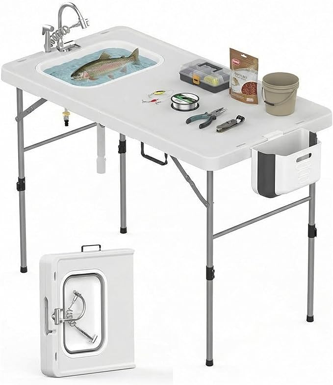 Folding Fish Cleaning Table with Sink &amp Hose Hookup 50 Outdoor Camping Sink Table Portable for Fishing Hunting RV Backyard Made of Steel Frame &amp PE Basin Easy to Clean and Store