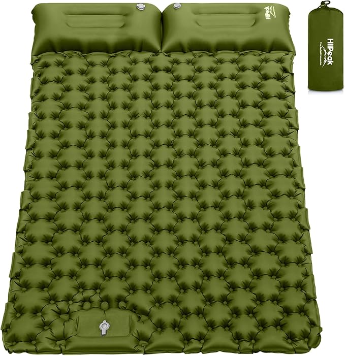 HiiPeak Double Sleeping Pad - Self Inflating 3 Extra-Thick for 2 Person with Pillow Built-in Foot Pump Inflatable Sleeping Mat for Backpacking Hiking Traveling Tent Portable Camping Mat (Green)