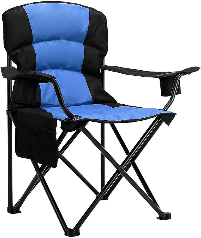 Oversized Camping Chair Folding Heavy Duty Quad Outdoor Large Lawn Chairs Portable Support 400 lbs Padded Thicken Oxford with Armrests Storage Bag Cup Holder Carry Bag for Outside(Blue)