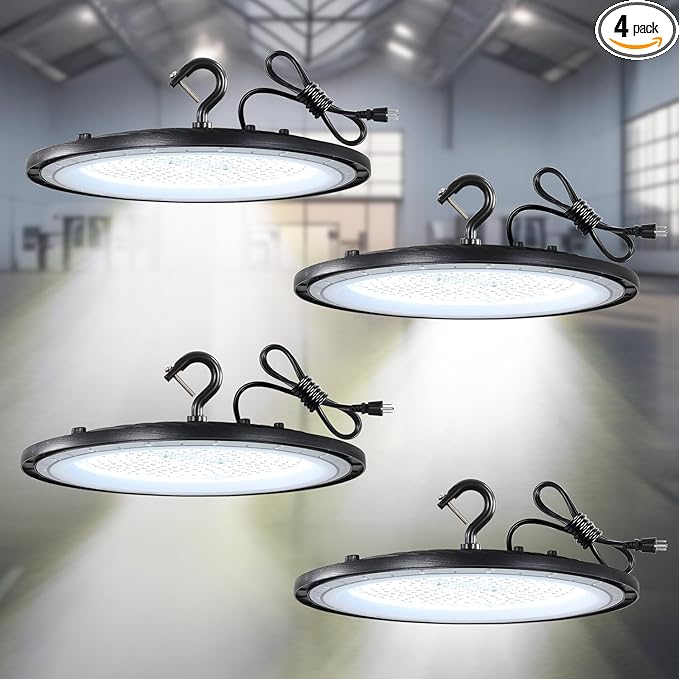 High Bay LED Shop Lights 200W UFO LED High Bay Light with US Plug 120V UFO LED High Bay Light for Garage Workshop Barn Warehouse Commercial Bay Lighting 5000K-Daylight 4 Pack