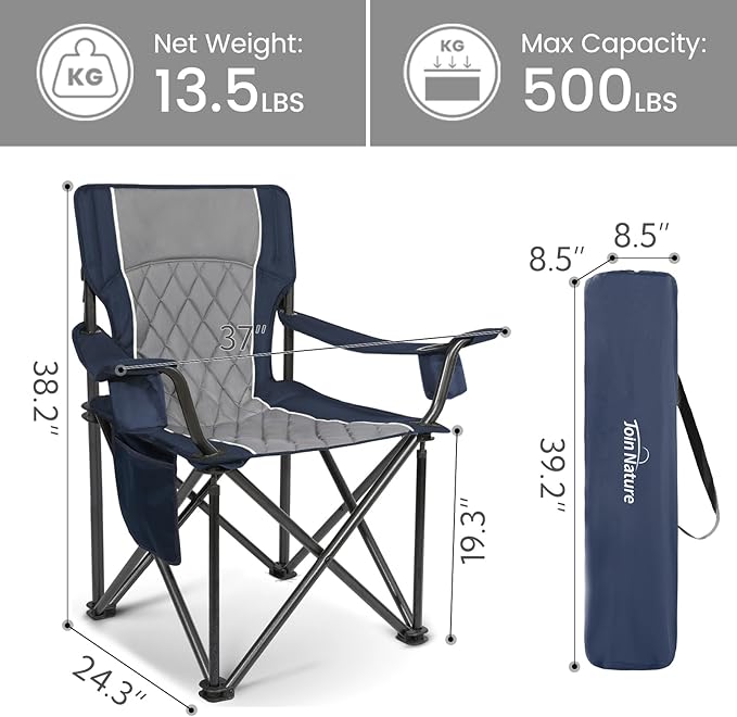 Folding Camping Chairs for Adults Padded Folding Chairs for Outside Heavy Duty with Cup Holders &amp Side Pocket Support up to 500 lbs Blue