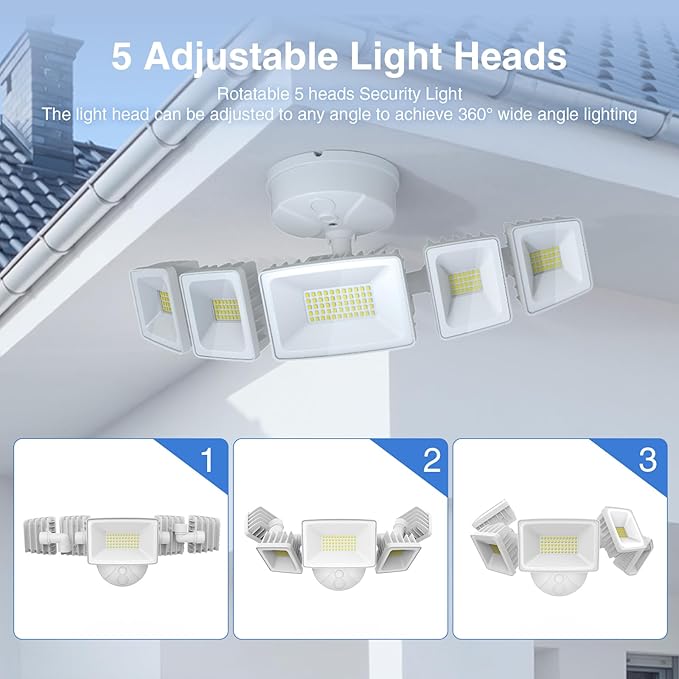 120W Outdoor LED Flood Light 5 Heads Exterior Security Lights 6500K Super Bright Floodlight Fixture Waterproof IP65 Outside Flood Lights for House Backyard White