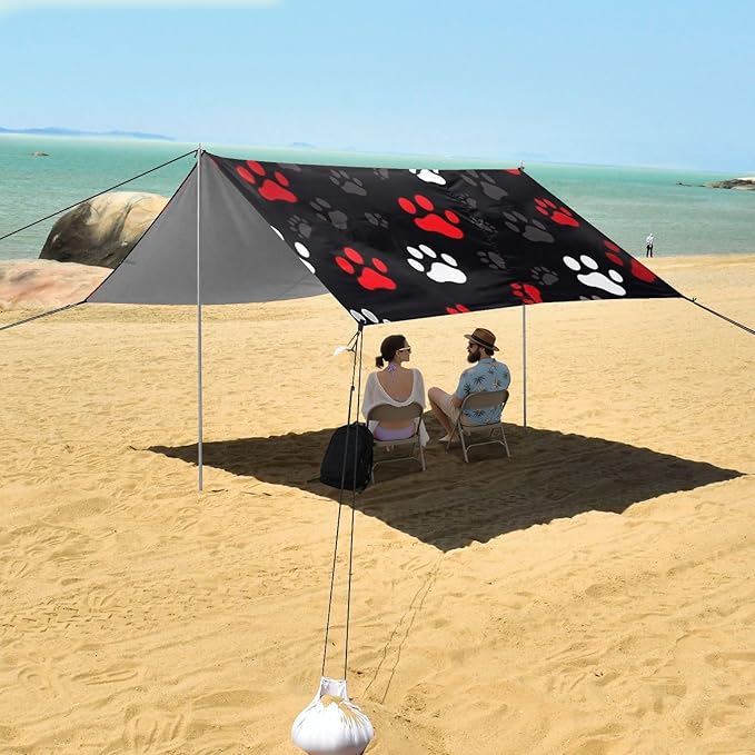 Camping Sun Shelters Red White Grey Dog Paw Prints Beach Canopy 126 * 110.2in