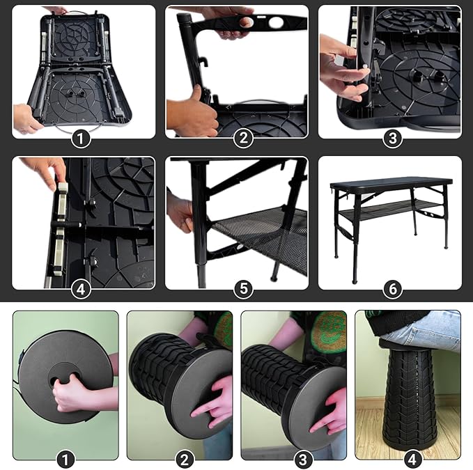 Folding Table and Stool Small Black 4 Foot Outdoor Portable Table Adjustable Height Camping Picnic RV Table 55lbs Load-Bearing Lightweight